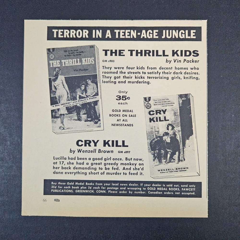 1959 Gold Medal Books The Thrill Kids‎ & Cry Kill Vintage Print Ad Greenwich CT